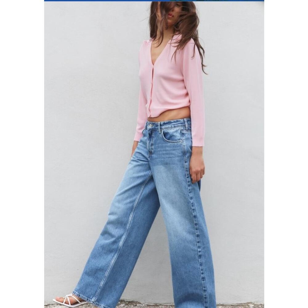 Zara Z1975 High Waisted Wide Leg Jeans Sz 10 Medium Wash Blue Full Length Denim